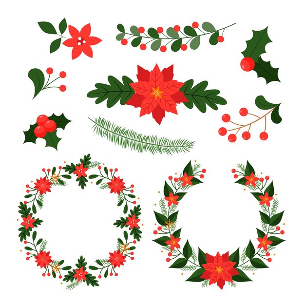 Coleção de flores e grinalda de Natal em design plano