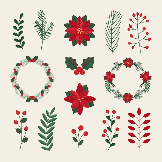 Coleção de flores e guirlandas de natal em design plano