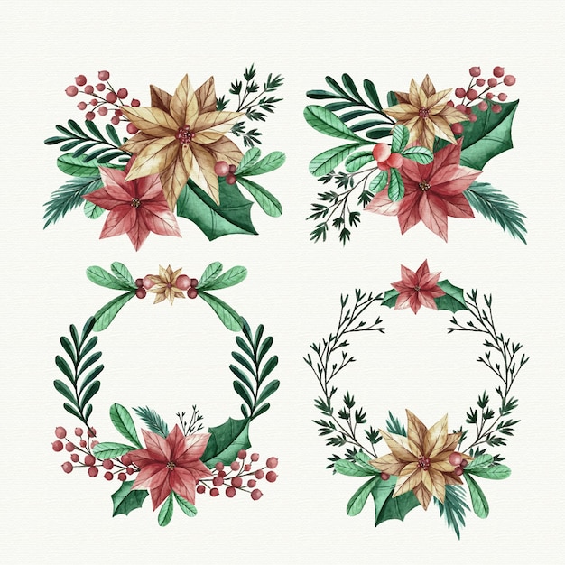 Coleção de flores em aquarela de natal & grinalda