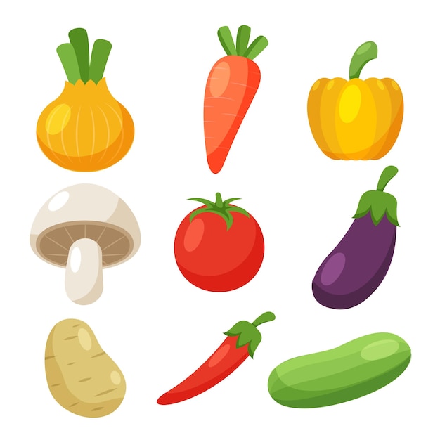 Coleção de frutas e legumes chili pepino berinjela batata tomate cogumelo cenoura pimenta ilustração vetorial plana dos desenhos animados