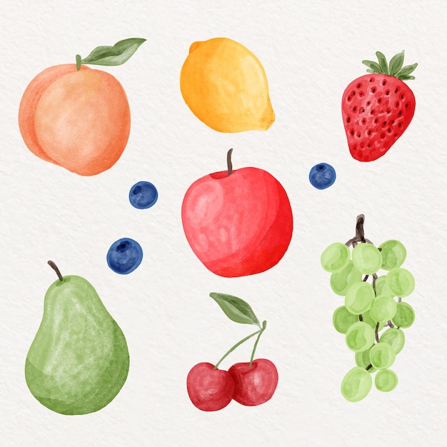 Coleção de frutas em aquarela pintada à mão
