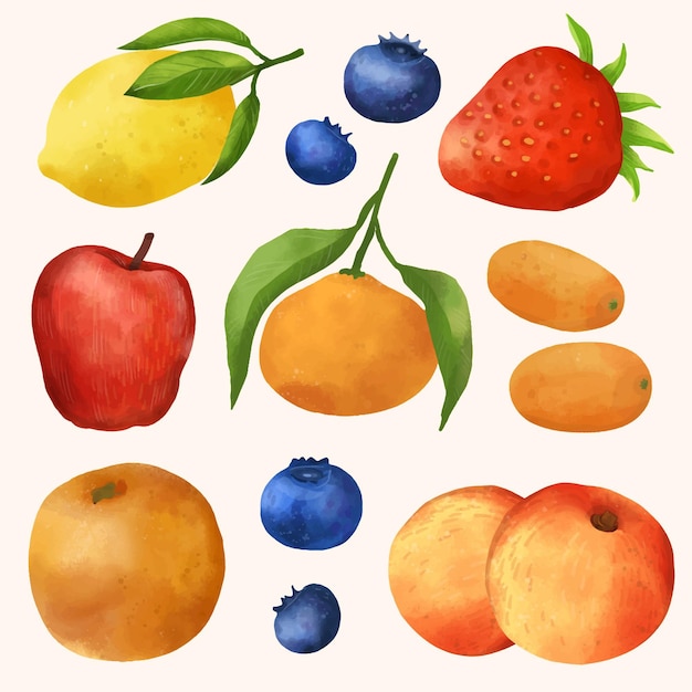 Coleção de frutas em aquarela pintada à mão