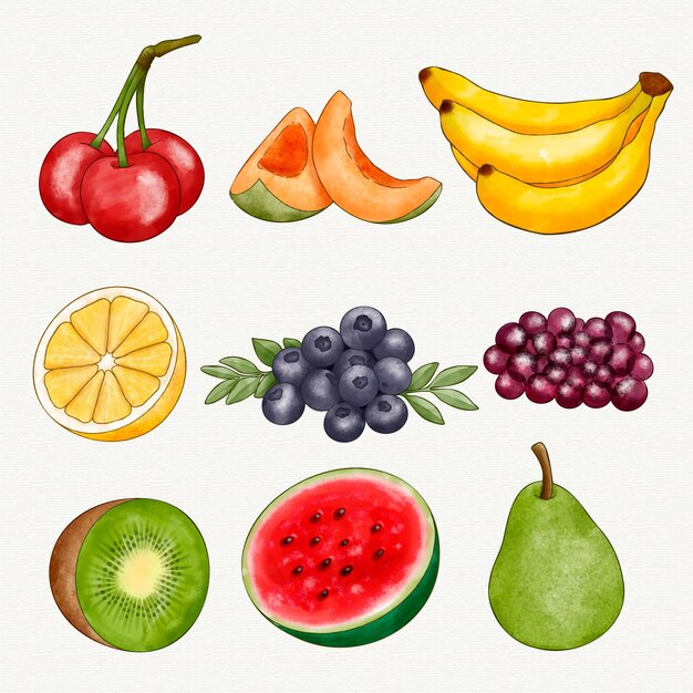 Coleção de frutas em aquarela pintada à mão