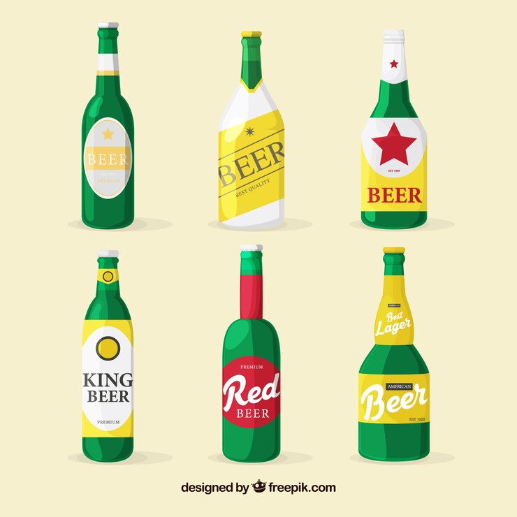 Vetor grátis coleção de garrafas de cerveja plana com rótulo