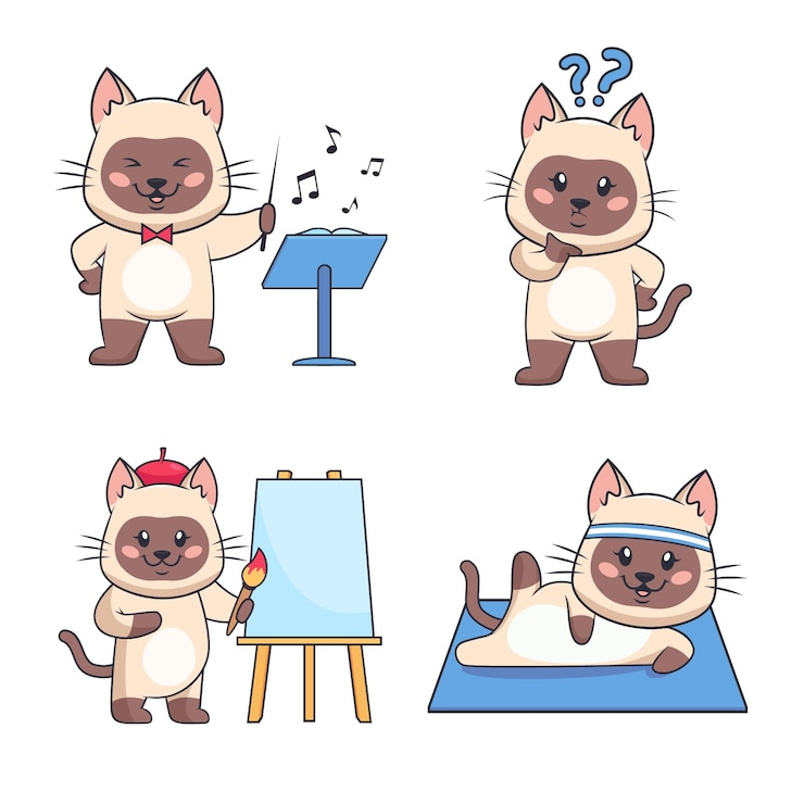 Vetor grátis coleção de gatos bonitos desenhados à mão realizando treinamento de pintura fazendo perguntas