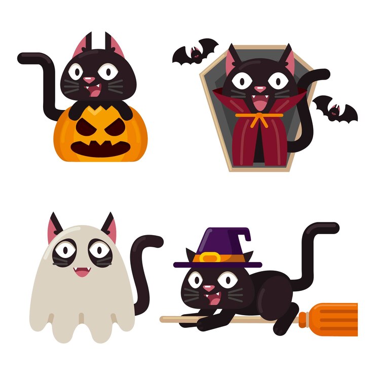 Vetor grátis coleção de gatos pretos de halloween plana