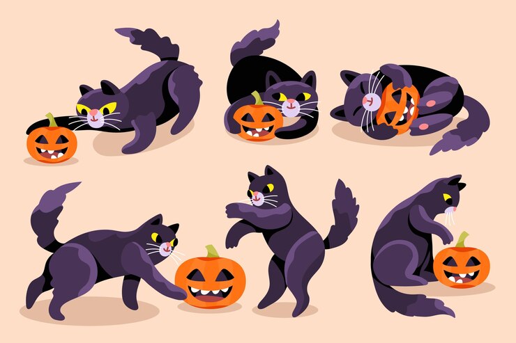 Vetor grátis coleção de gatos pretos do dia das bruxas desenhada à mão