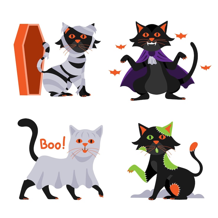 Vetor grátis coleção de gatos pretos do dia das bruxas desenhada à mão