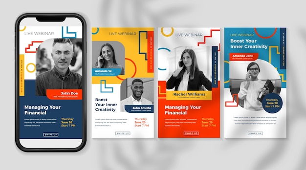 Vetor grátis coleção de histórias de instagram em webinar