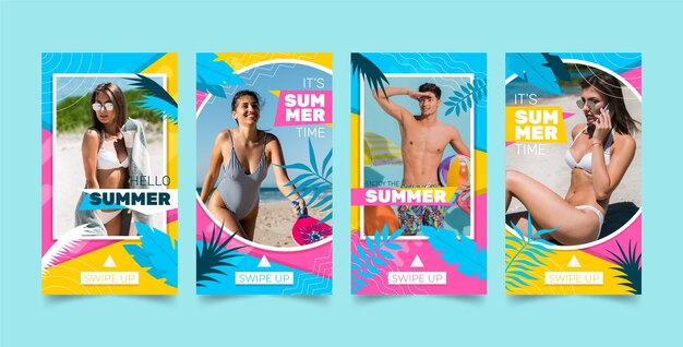 Coleção de histórias de instagram plana de verão com foto