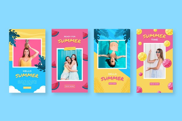 Coleção de histórias de instagram plana de verão com foto