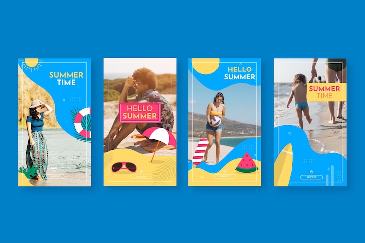 Vetor grátis coleção de histórias de instagram plana de verão com foto