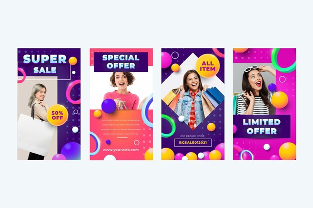 Coleção de histórias de vendas instagram gradiente com foto