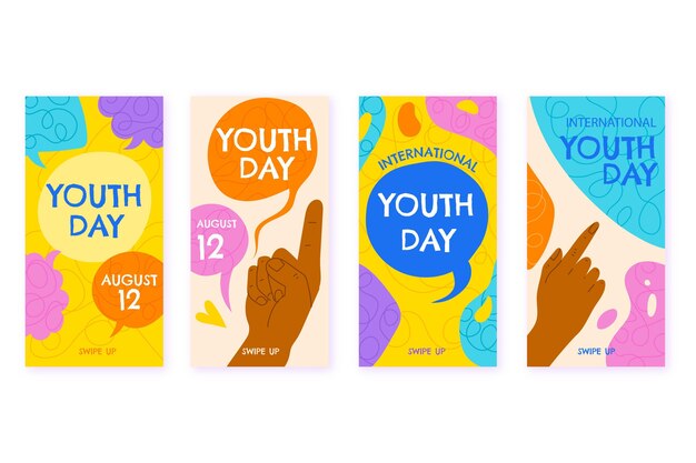 Coleção de histórias do dia internacional da juventude desenhada à mão