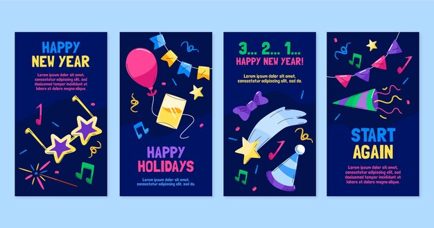 Coleção de histórias do instagram de ano novo desenhada à mão