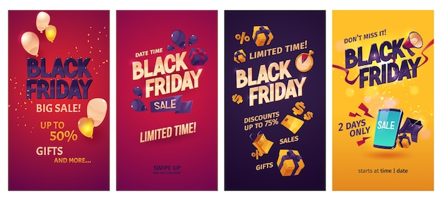 Coleção de histórias do instagram de black friday em desenhos animados