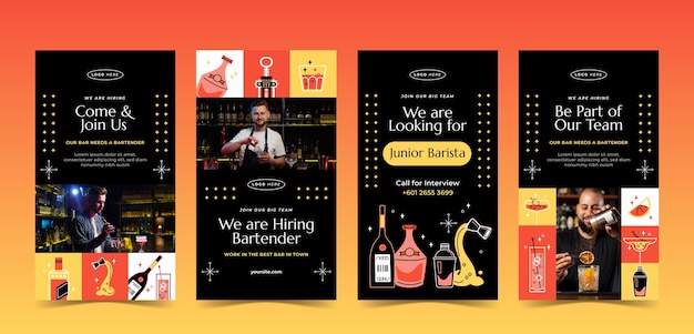 Vetor grátis coleção de histórias do instagram de caça ao emprego de barman plano