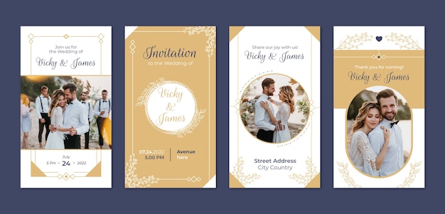 Vetor grátis coleção de histórias do instagram de casamento floral plano
