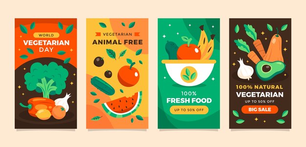 Coleção de histórias do instagram de design plano do dia mundial do vegetariano