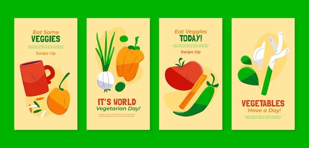 Vetor grátis coleção de histórias do instagram de design plano do dia mundial do vegetariano