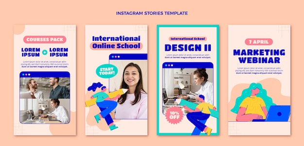 Coleção de histórias do instagram de escola internacional mínima plana