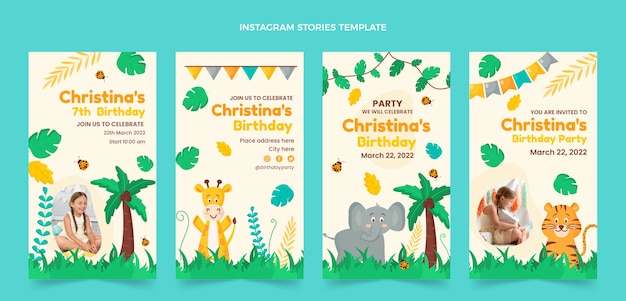 Vetor grátis coleção de histórias do instagram de festa de aniversário de selva plana