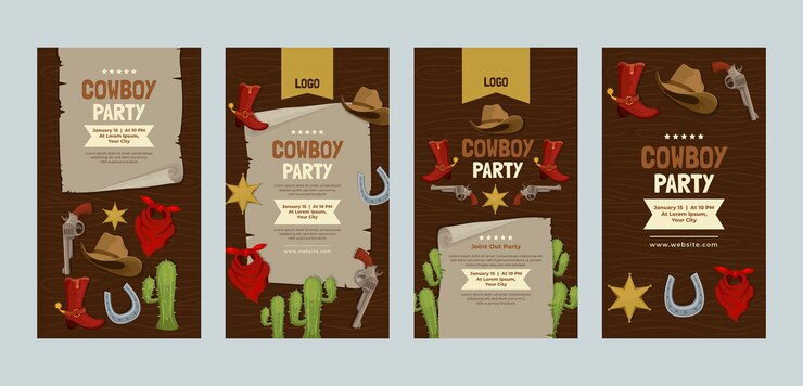 Vetor grátis coleção de histórias do instagram de festa de cowboy plana