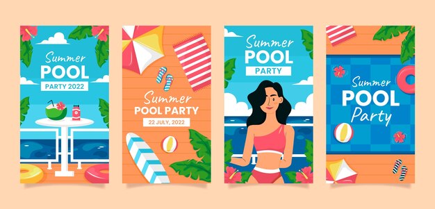 Coleção de histórias do instagram de festa na piscina plana