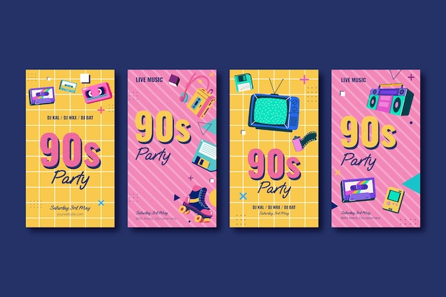 Coleção de histórias do instagram de festa plana dos anos 90