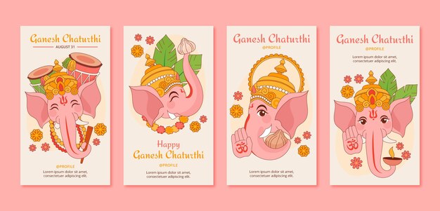 Coleção de histórias do instagram de ganesh chaturthi desenhada à mão com elefante