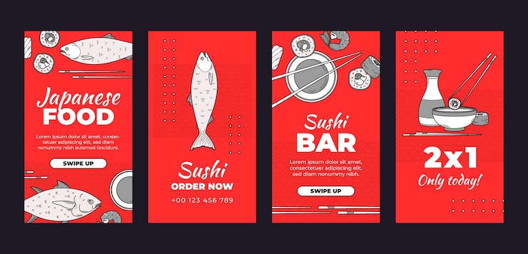 Vetor grátis coleção de histórias do instagram de restaurante japonês desenhada à mão