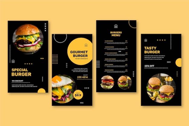 Coleção de histórias do instagram de restaurantes de hambúrgueres
