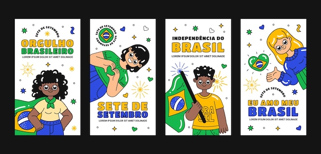 Vetor grátis coleção de histórias do instagram desenhadas à mão para celebração de sete de setembro