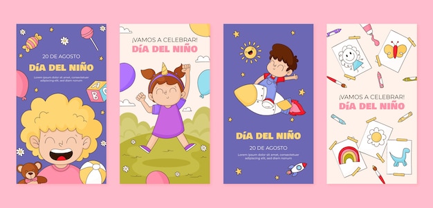 Coleção de histórias do instagram desenhadas à mão para celebração do dia das crianças em espanhol