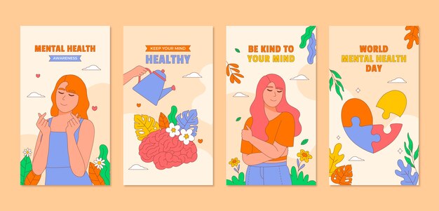 Coleção de histórias do Instagram desenhadas à mão para conscientização do Dia Mundial da Saúde Mental