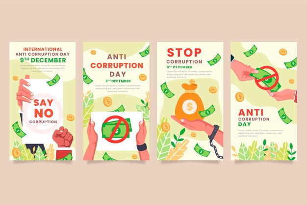Coleção de histórias do instagram do dia anti-corrupção desenhada à mão