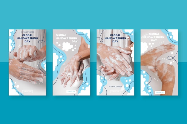 Coleção de histórias do instagram do dia da lavagem das mãos desenhada à mão plana global com foto