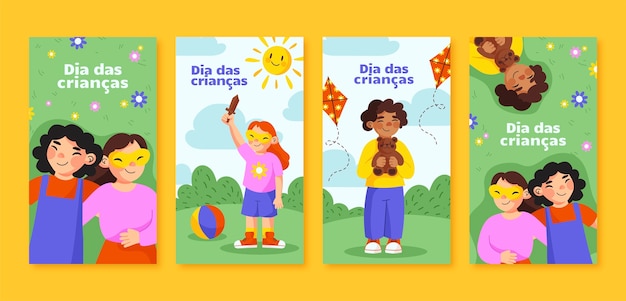 Vetor grátis coleção de histórias do instagram do dia das crianças plana