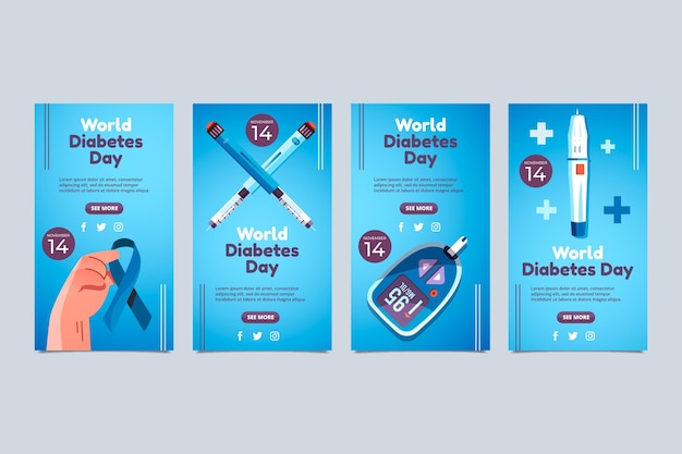 Vetor grátis coleção de histórias do instagram do dia do diabetes no mundo plano