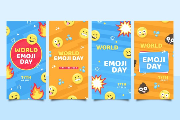 Coleção de histórias do instagram do dia do emoji do mundo plano
