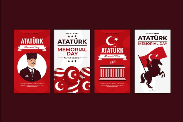 Vetor grátis coleção de histórias do instagram do dia do memorial de ataturk desenhada à mão