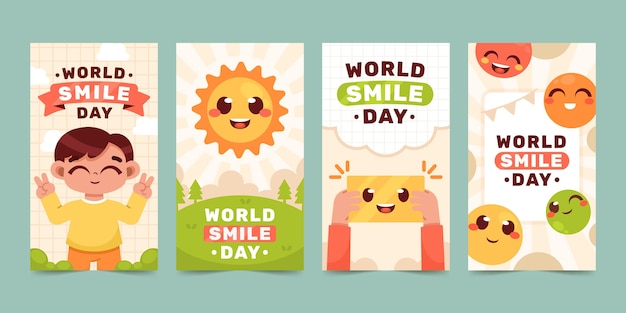 Vetor grátis coleção de histórias do instagram do dia do sorriso no mundo plano