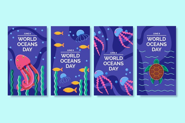Coleção de histórias do Instagram do Dia dos Oceanos do Mundo Plano