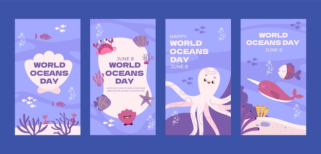 Coleção de histórias do instagram do dia dos oceanos do mundo plano