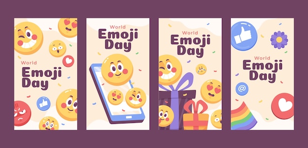 Vetor grátis coleção de histórias do instagram do dia emoji do mundo plano com emoticons