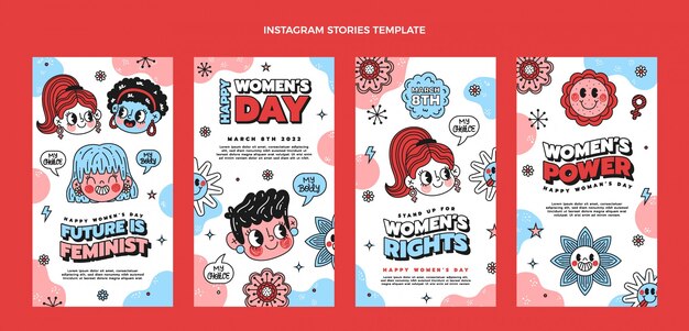 Coleção de histórias do instagram do dia internacional da mulher desenhada à mão