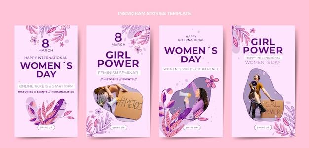 Coleção de histórias do instagram do dia internacional da mulher desenhada à mão