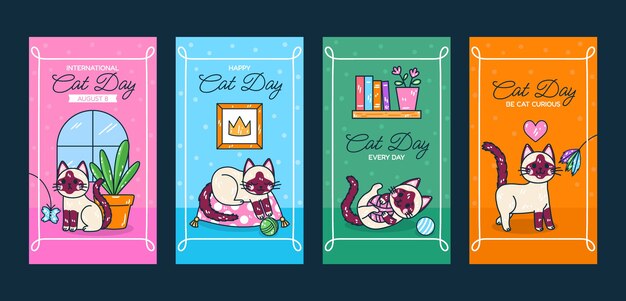 Coleção de histórias do instagram do dia internacional do gato desenhada à mão