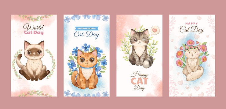 Vetor grátis coleção de histórias do instagram do dia internacional do gato em aquarela