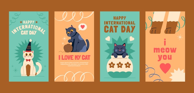Coleção de histórias do instagram do dia internacional do gato plana